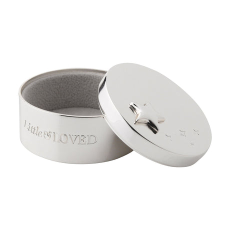 Round silver-plated metal keepsake box with "Little & LOVED" engraved on the side, grey interior lining, and star-shaped handle on the lid, shown open on a white background.