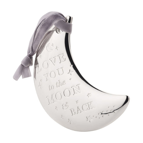 Silverplated crescent moon plaque engraved with "Love You to the Moon & Back" and stars, hung with a grey ribbon on a plain white background.