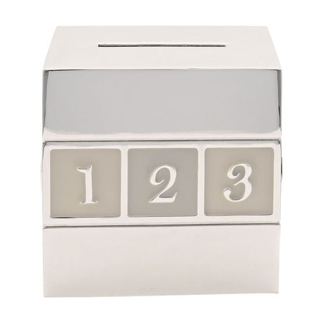 Silverplated cube money box shaped like a nursery building block, with a coin slot on top and raised silver numbers 1, 2, 3 on grey panels, shown on a white background.