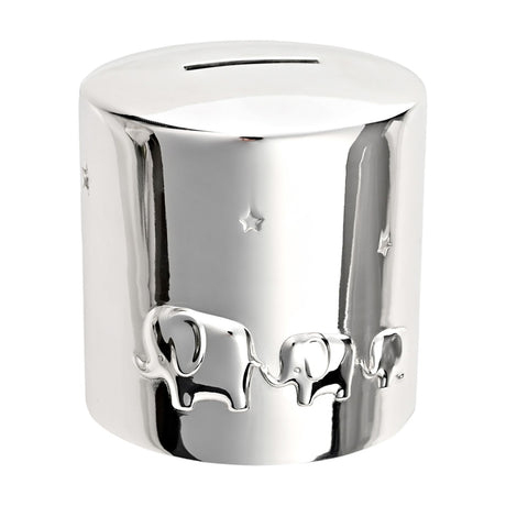 Round silverplated money box with a raised elephant parade and scattered stars, coin slot in the flat top, shown on a plain white background.