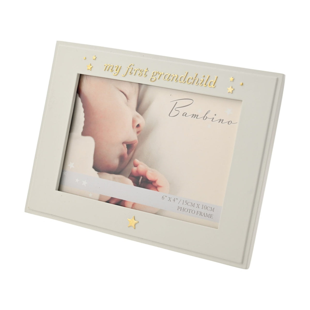 Cream resin photo frame with "My First Grandchild" in gold-tone script and star details, holding a 6 x 4in landscape photo, shown on a white background.