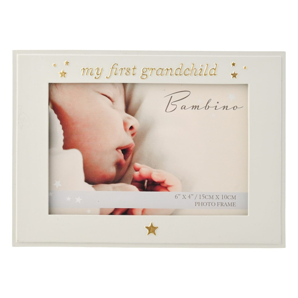Cream resin photo frame with "my first grandchild" in gold-tone script and star accents, holding a 6 x 4in landscape baby photo, shown on a white background.
