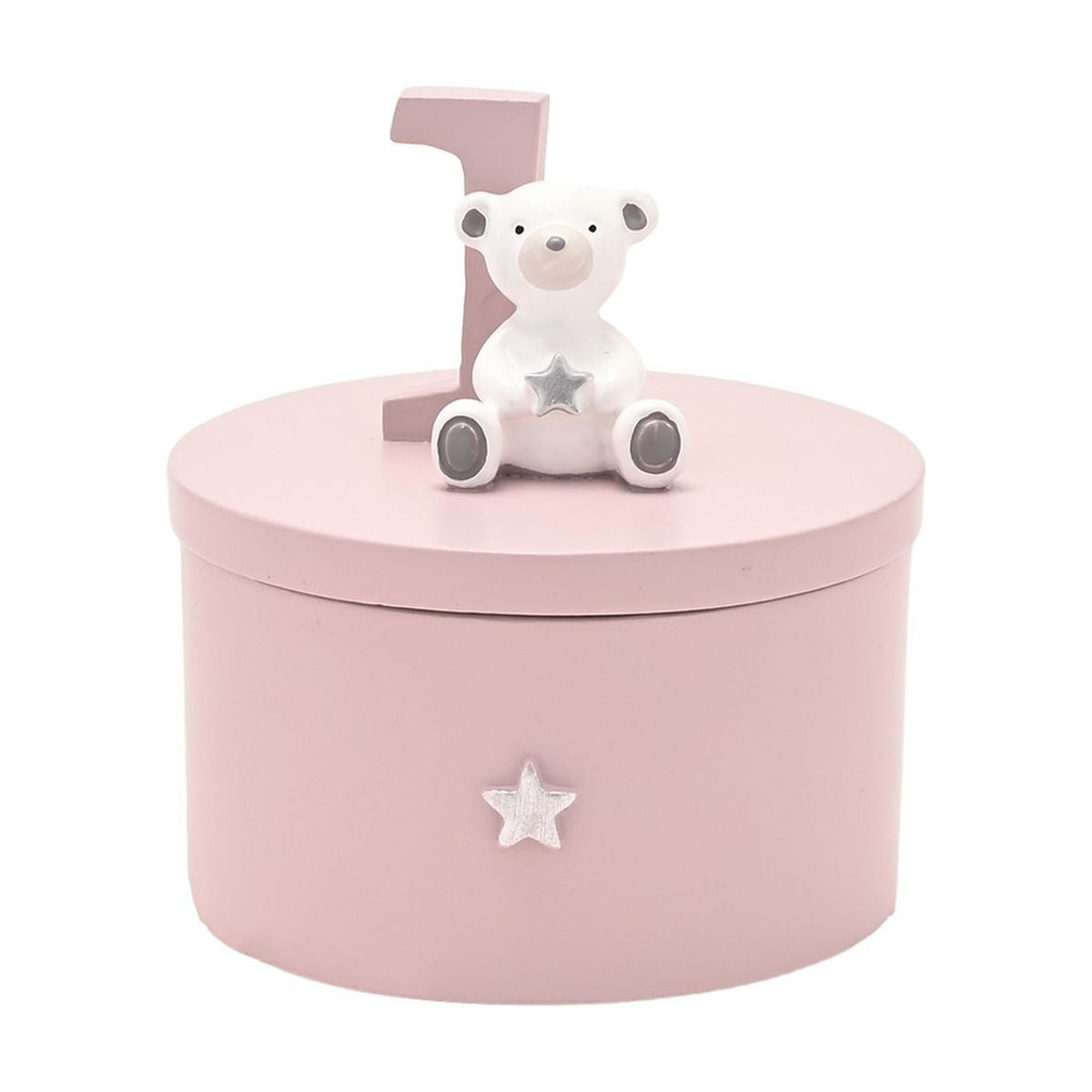 Teddy Bear and Number 1 Wooden Trinket Box - Pink & White