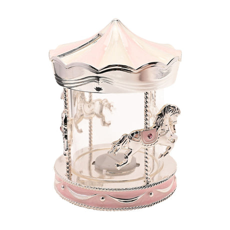 Carousel Silverplated Money Box with Horses in silver and pink, featuring a scalloped pink canopy, twisted poles, enamel saddles with pink sparkles, and a clear centre, on a plain white background.