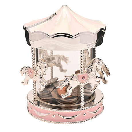 Silverplated carousel money box in silver and pink with a scalloped roof, twisted poles, and enamel-saddled horses around a clear coin-filled centre.