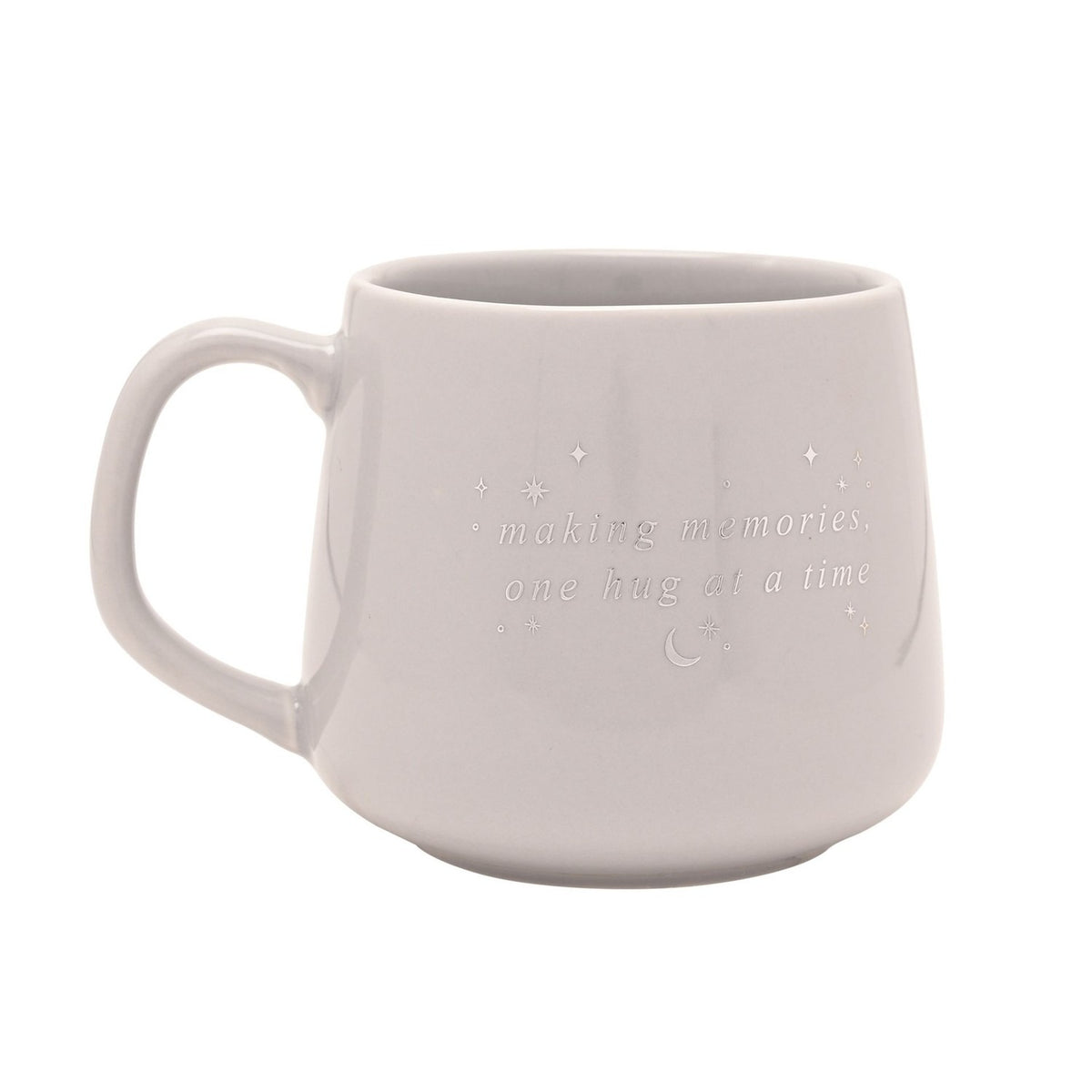 Grey porcelain mug from the Mummy and Daddy set, with "making memories, one hug at a time" in silver script and stars and crescent moon detail, shown on a plain background.