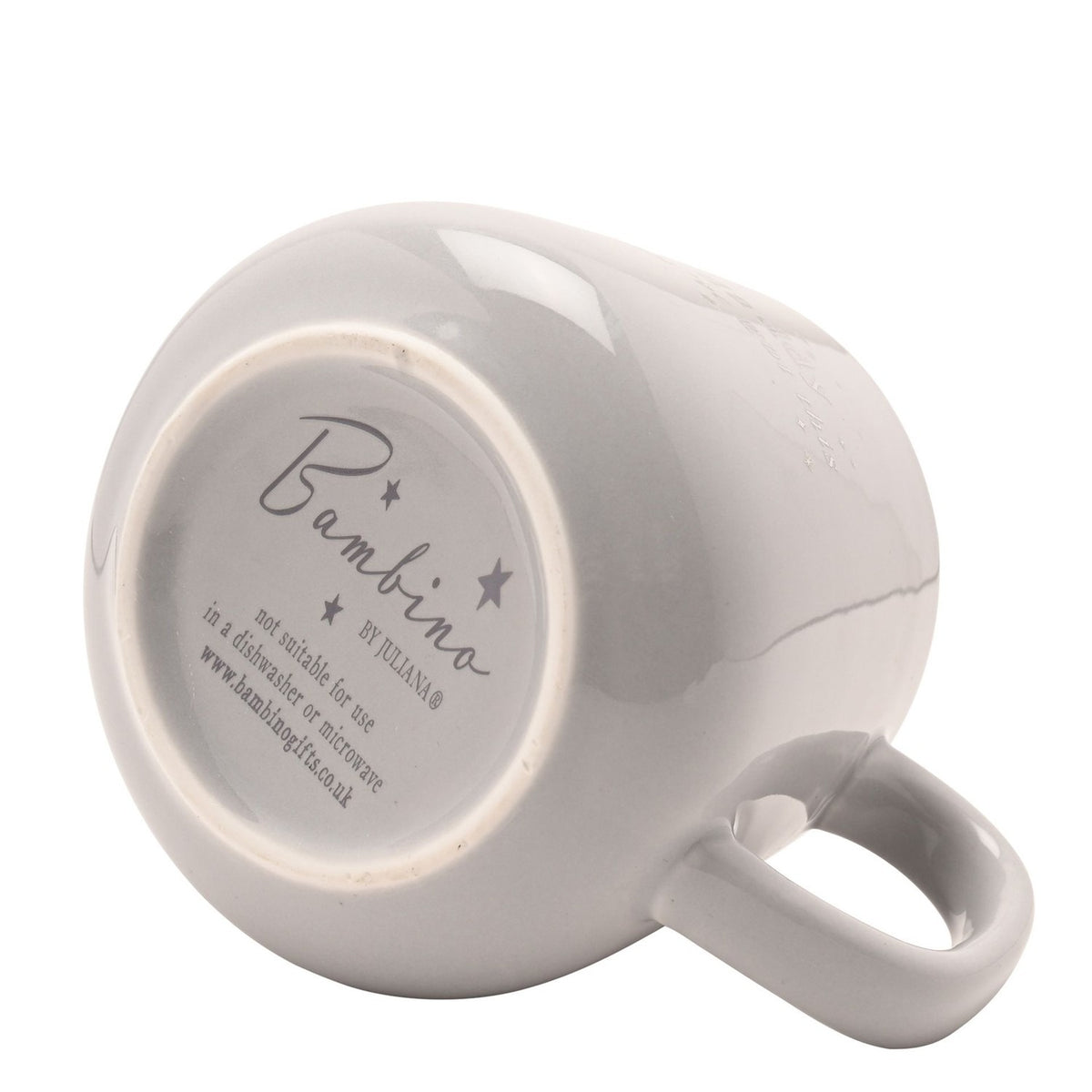 Underside of a pale grey porcelain mug from the Mummy and Daddy set, showing the rounded handle and "Bambino" branding stamp on a plain white background.