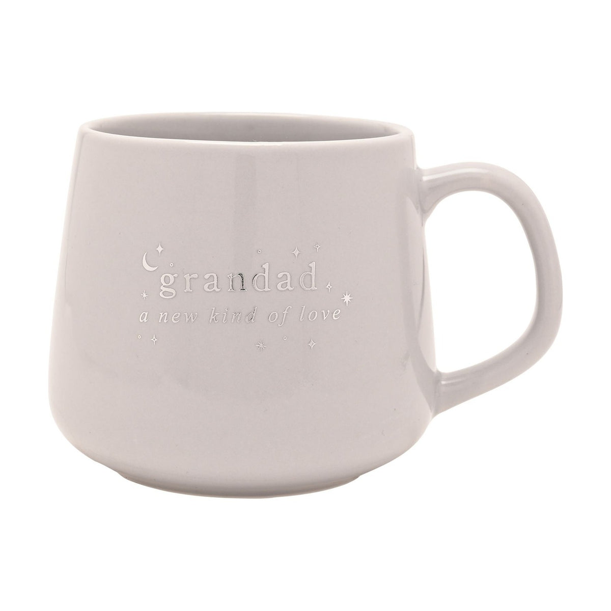 Grey stoneware mug with silver "grandad, a new kind of love" lettering, star and crescent moon details, and a curved handle, shown against a plain white background.