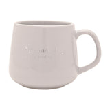 Grey stoneware mug with silver "grandad, a new kind of love" lettering, star and crescent moon details, and a curved handle, shown against a plain white background.