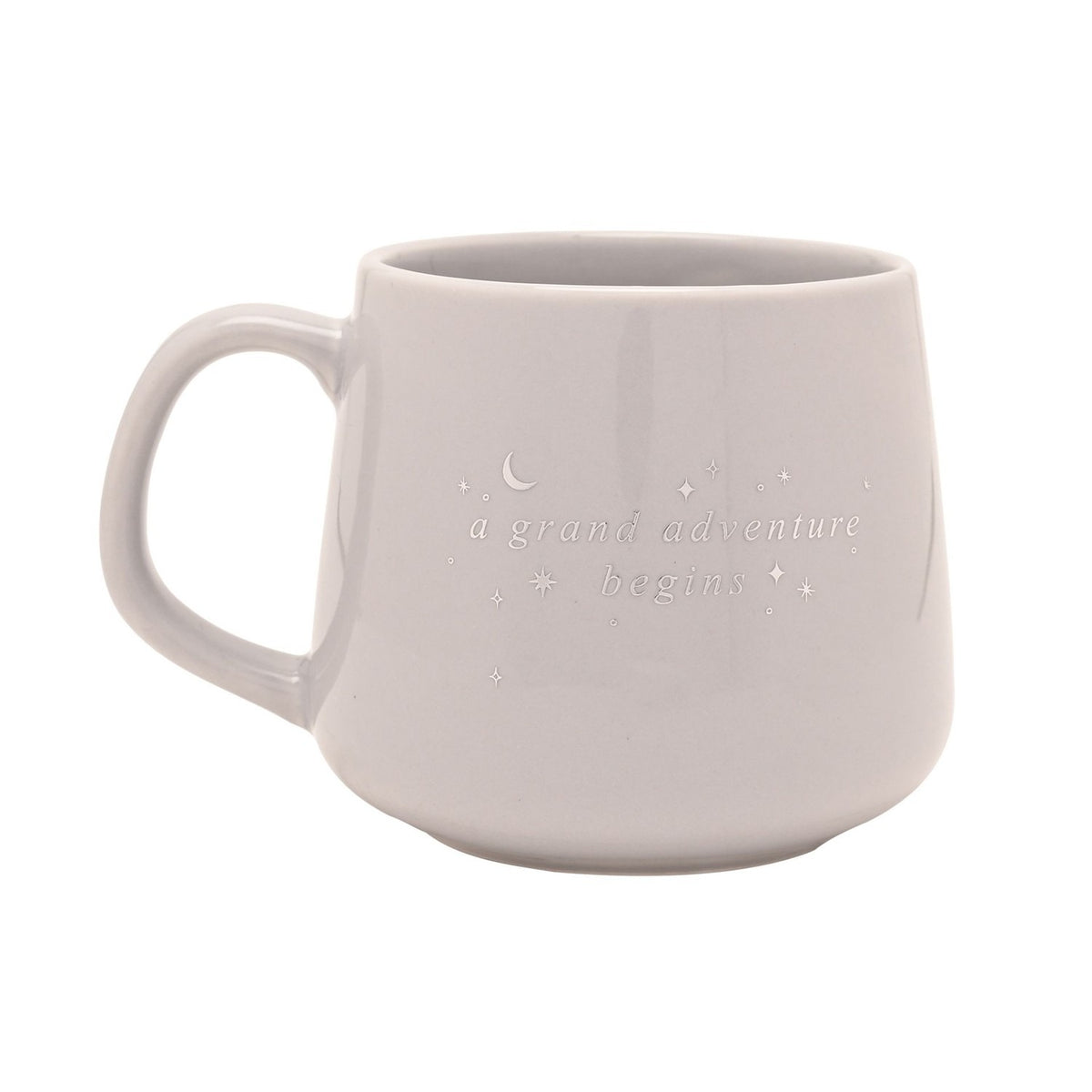 Grey stoneware mug with a curved handle, featuring silver "a grand adventure begins" text with star and crescent moon details, shown on a plain white background.