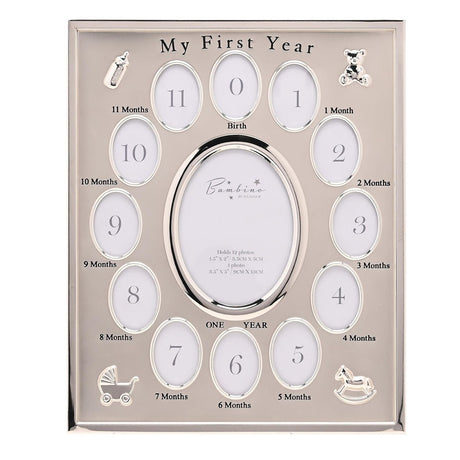 Silver-plated rectangular "My First Year" photo frame with twelve small oval openings labelled Birth to 11 Months around a larger central oval for a ONE YEAR photo.