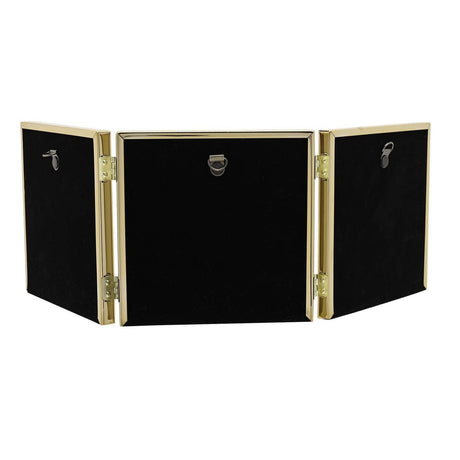 Triple baby scan photo frame with three hinged gold steel panels and black velvet backing, each with a hook fitting, shown back view on a plain white background.