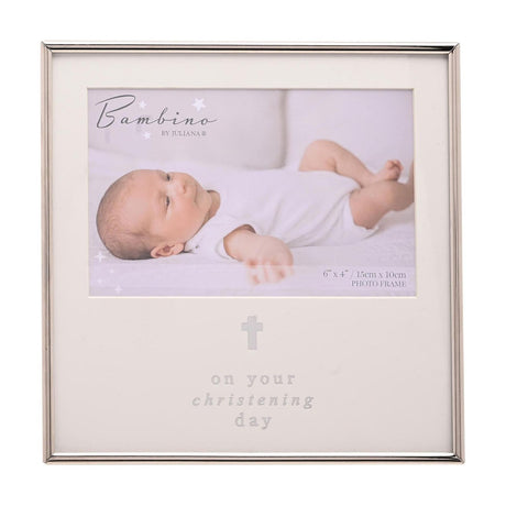 Christening Cross Steel Photo Frame 6 x 4in in silver with white mount, featuring a small cross and "on your christening day" text beneath a baby photo.