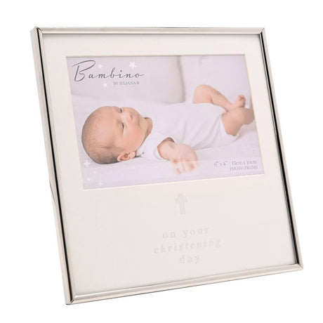 Christening Cross Steel Photo Frame 6 x 4in in silver with a white mount, cross motif, and "on your christening day" text, shown at an angle on a white background.