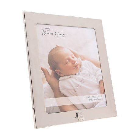 Silver polished steel 10 x 8in photo frame with a raised elephant motif at the bottom centre, shown at an angle with a baby photo insert on a plain white background.