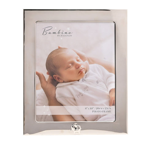 Silver steel rectangular photo frame with a smooth broad border and a raised elephant motif at the bottom edge, holding a 10 x 8in baby photo against a white background.