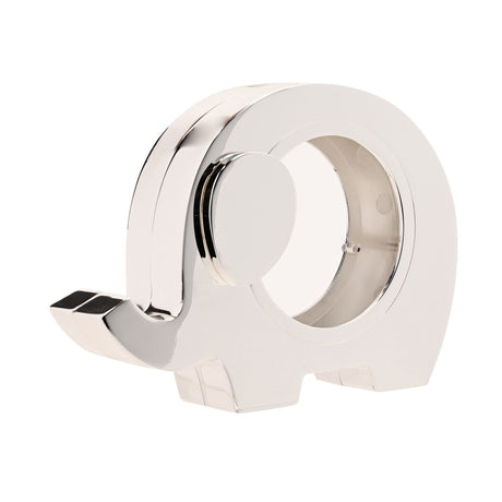 Silverplated metal elephant money box with a round coin-viewing window, raised trunk and rounded ear, polished silver finish, shown on a plain white background.