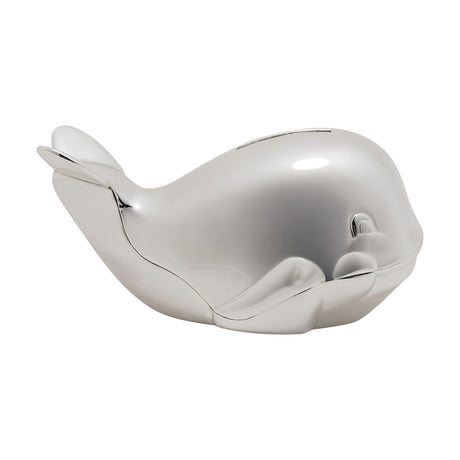 Silverplated Whale Money Box with raised tail flukes, side fins, sculpted eyes, and top coin slot, shown in a mirror-like silver finish on a plain white background.
