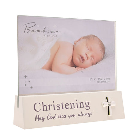 Christening 6x4in photo frame with white MDF block base, clear acrylic photo panel, grey "Christening" text, "May God bless you always" script, and silver-tone cross with clear gem.