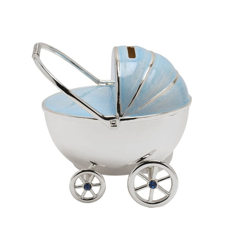 Silver-plated pram money box with pale blue ribbed hood and coin slot, curved silver handle, spoked wheels, on a plain white background.