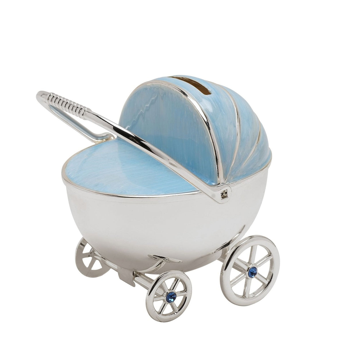 Plated Pram Money Box with Spoked Wheels - Silver & Blue