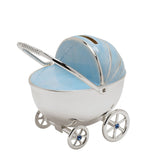 Plated Pram Money Box with Spoked Wheels - Silver & Blue