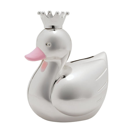 Crowned Swan Silverplated Money Box with a high-shine silver finish, pink beak, pink neck blush, sculpted wing detailing, and a beaded crown, shown on a plain white background.