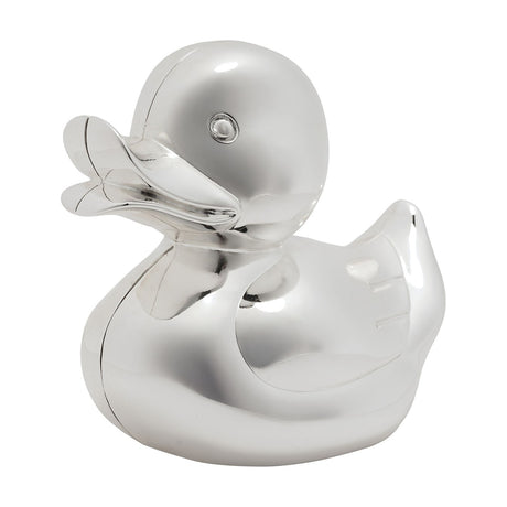 Silverplated metal duck money box with raised head, open beak, grooved wings and a coin slot along the back of the head, shown on a plain white background.