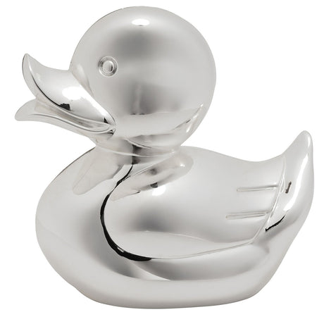 Silverplated metal duck money box with raised head, open beak, grooved wings and a coin slot along the back of the head, shown on a plain white background.