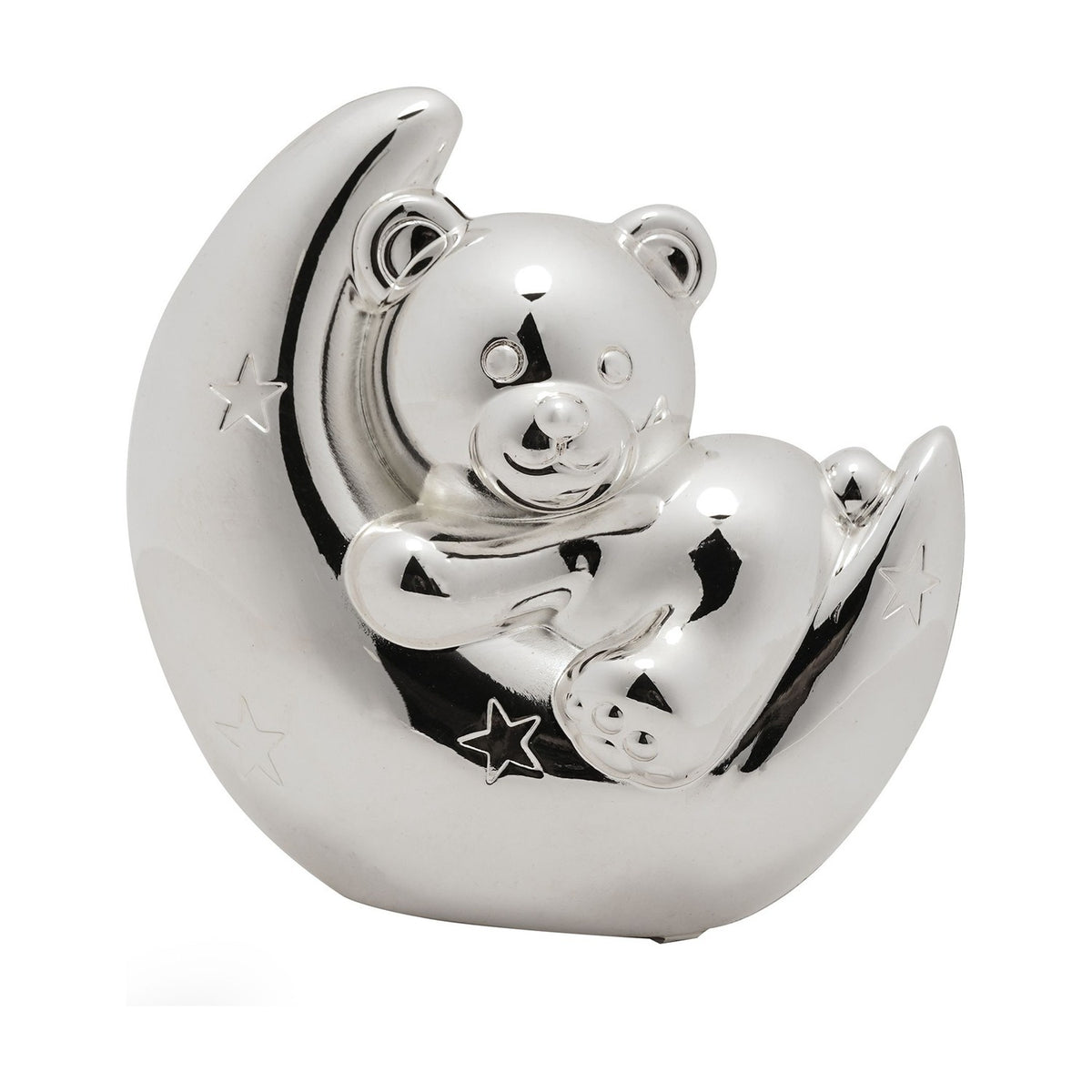 Teddy Bear and Crescent Moon Silverplated Money Box - Silver