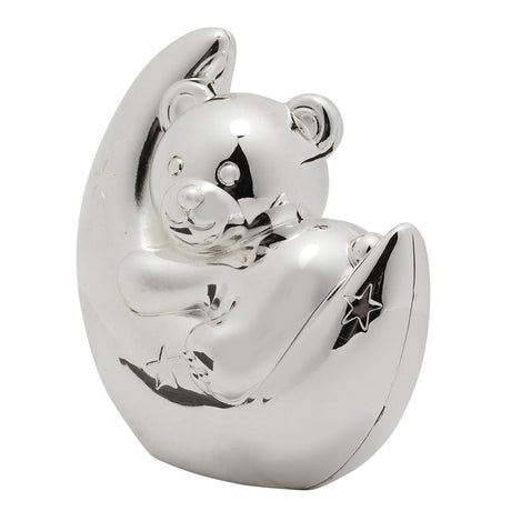 Silver-plated money box shaped as a teddy bear reclining in a crescent moon with star details, finished in mirror-like silver on a plain white background.