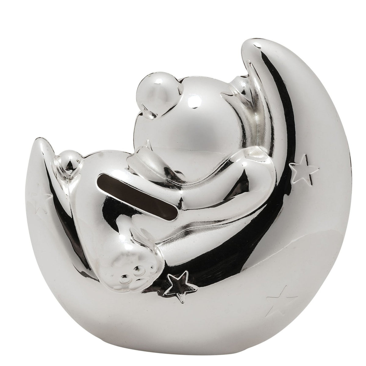 Teddy Bear and Crescent Moon Silverplated Money Box - Silver