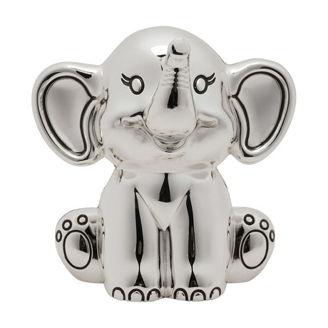 Silver-plated elephant money box sitting upright with raised trunk, large outlined ears, and dark-lined facial details, on a plain white background.
