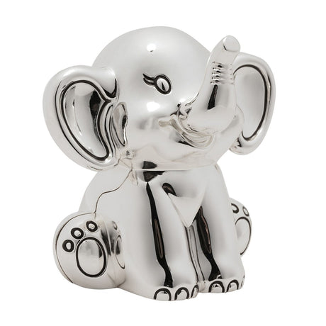 Silverplated elephant money box sitting upright with raised trunk, large outlined ears and detailed feet, shown against a plain white background.