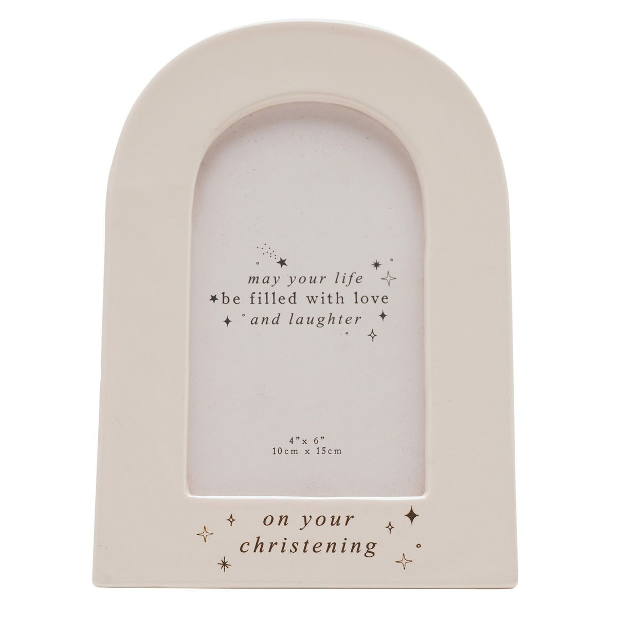 Cream ceramic arched photo frame with "on your christening" in silver foil and star details, holding a 6 x 4in print, shown on a white background.