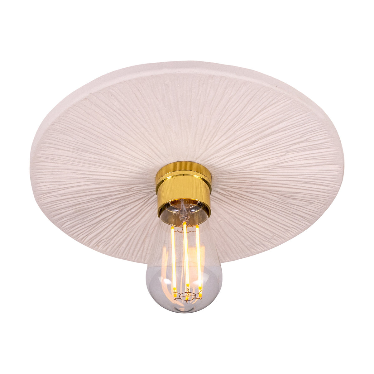 Bog Oak ceramic ceiling light with a flat round disc in matt white striped glaze, brass lampholder, and a single exposed E27 bulb, shown on a plain white background.