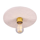 Bog Oak ceramic ceiling light with a flat round disc in matt white striped glaze, brass lampholder, and a single exposed E27 bulb, shown on a plain white background.