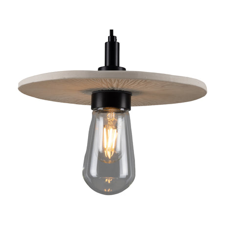 Bog Oak ceramic pendant light with a flat round disc shade in Matt White Striped glaze, black holder and cord, exposed E27 bulb beneath, shown on a plain white background.
