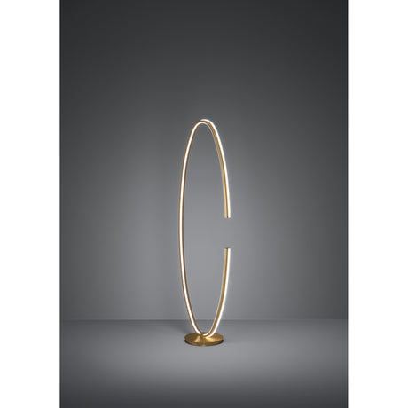 Bogado LED Floor Lamp in gold steel, a tall open oval loop with illuminated white diffuser on a round base, set against a grey background.