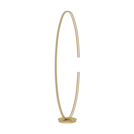 Bogado LED Floor Lamp in gold, a tall oval loop of gold-coloured steel with a white diffuser strip and a gap on one side, set on a round disc base against a plain white background.