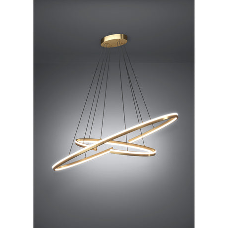 Bogado Pendant Light in gold-coloured steel, featuring two interlocking oval rings with integrated LED diffuser, suspended on fine wires from a round ceiling canopy against a plain grey background.