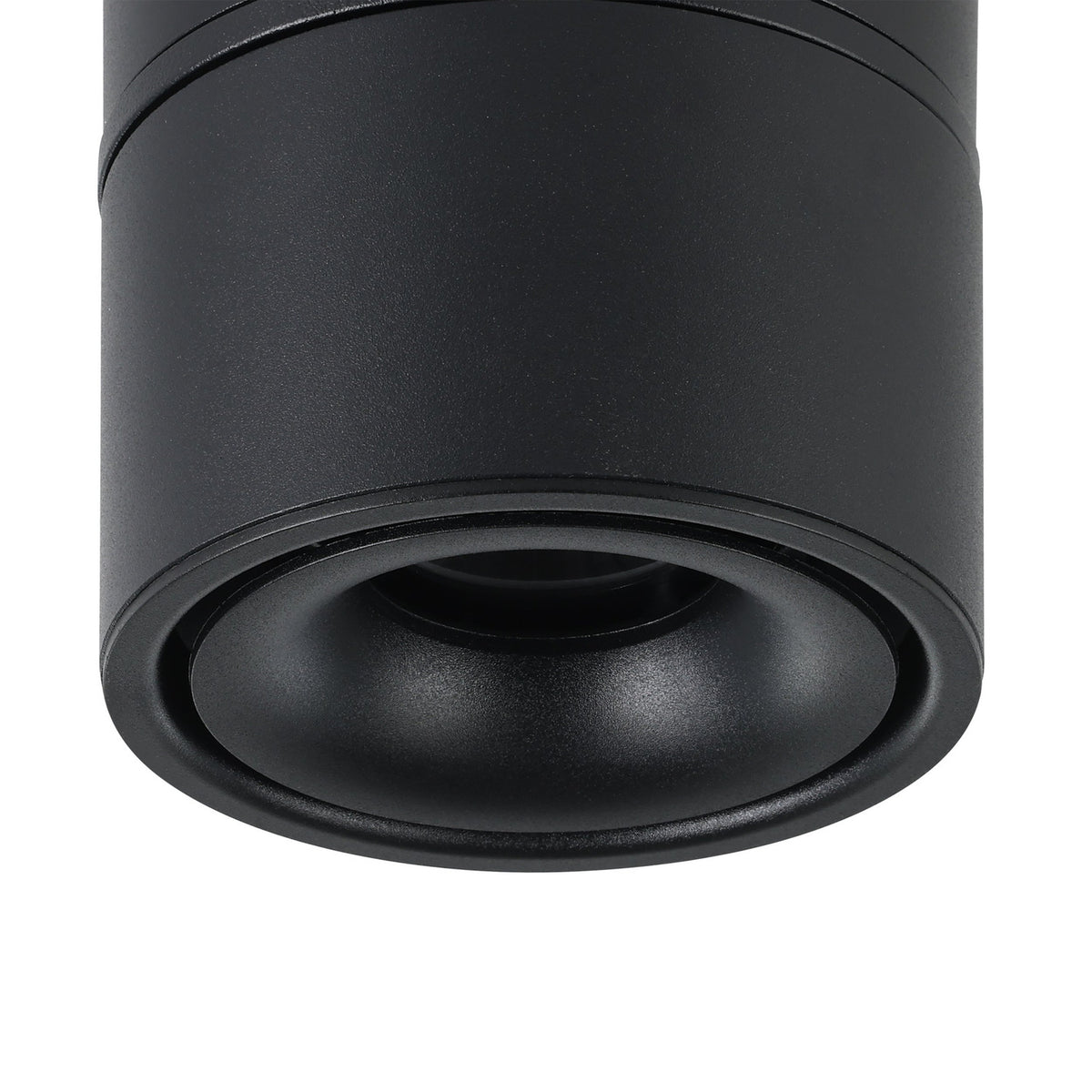 Close-up of the Bohoyo LED Downlight in black, a cylindrical aluminium surface-mounted fixture with a recessed lens, shown on a plain white background.