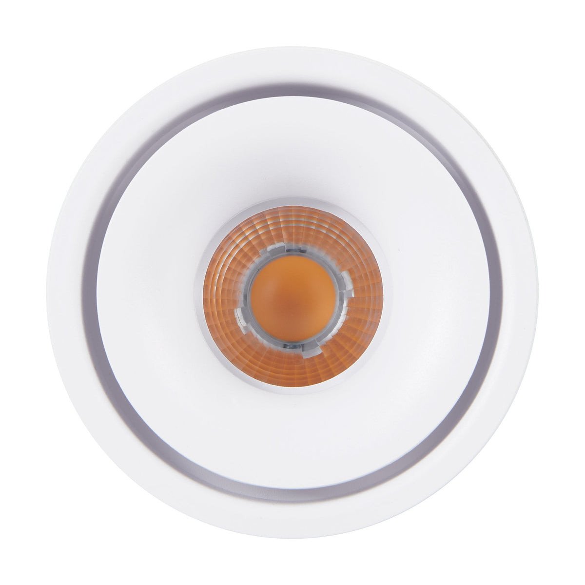 Bohoyo LED Downlight in white, shown face-on with a round white outer ring, recessed aluminium centre, and clear ribbed plastic shade over the warm white LED, on a plain background.