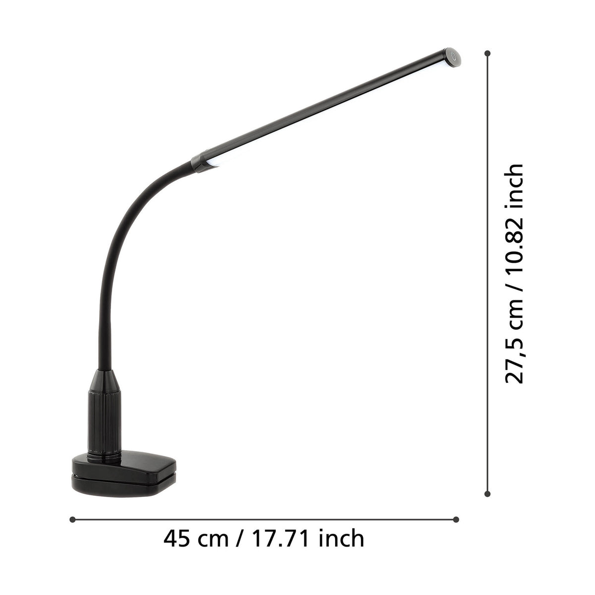 Bolbanne black clamp desk lamp with slim bar-shaped LED head and flexible gooseneck, shown with dimension labels of 45cm length and 27.5cm height on a white background.