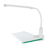 Bolbanne Clamp Lamp in white plastic, showing the slim bar-shaped LED head, flexible gooseneck, and desk clamp fitted to a glass edge against a plain white background.