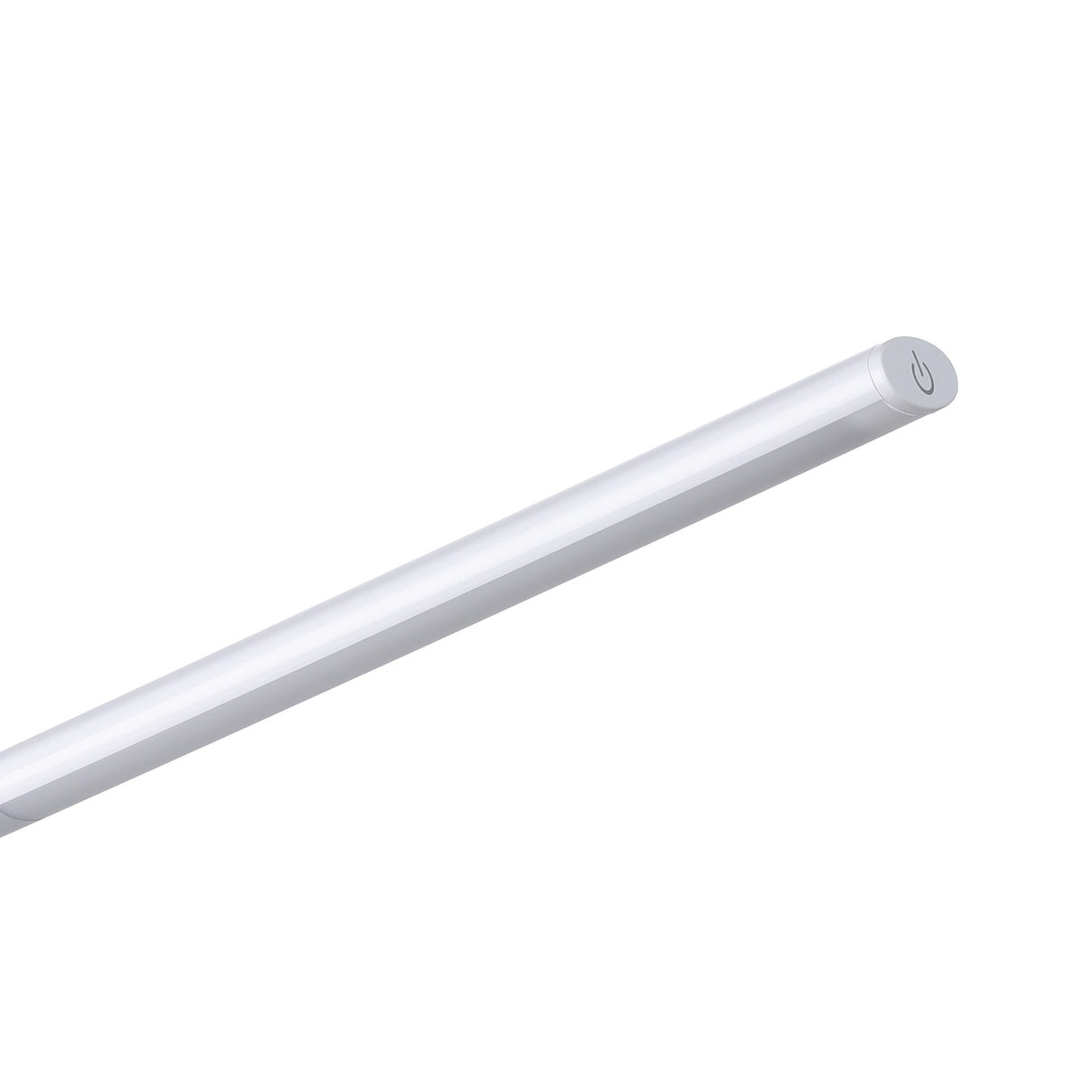 Bolbanne Clamp Lamp in white plastic, close-up of the slim bar-shaped LED head with a touch control button, shown at an angle on a plain white background.