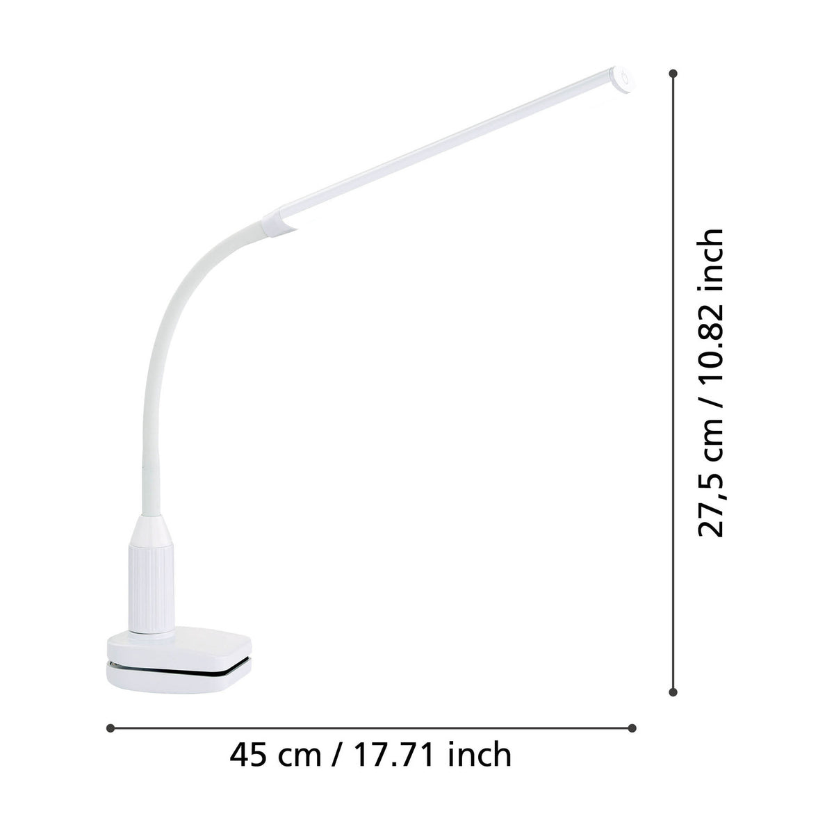 Bolbanne clamp lamp in white plastic with slim bar-shaped LED head and flexible gooseneck, shown with dimensions 45cm long and 27.5cm high on a plain white background.