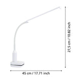 Bolbanne clamp lamp in white plastic with slim bar-shaped LED head and flexible gooseneck, shown with dimensions 45cm long and 27.5cm high on a plain white background.
