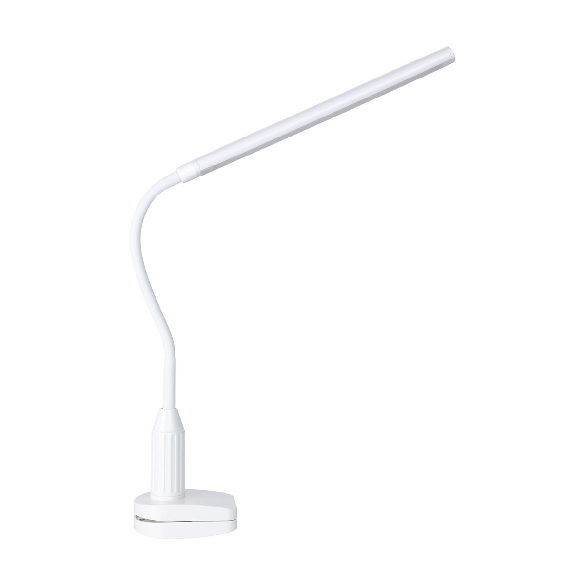 Bolbanne Clamp Lamp in white plastic, featuring a slim bar-shaped LED head on a flexible gooseneck arm with a desk clamp base, shown on a plain white background.