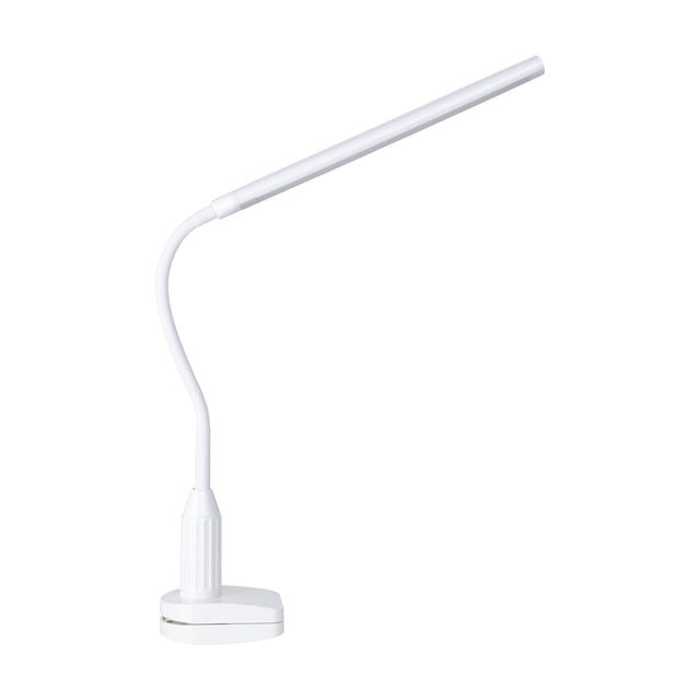 Bolbanne Clamp Lamp in white plastic, featuring a slim bar-shaped LED head on a flexible gooseneck arm with a desk clamp base, shown on a plain white background.